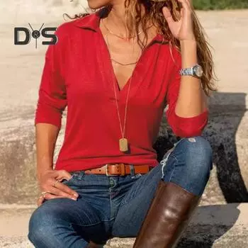 Женские топы с лацканами, V-образным вырезом, длинным рукавом, свободный крой, однотонные повседневные теплые удобные блузки S красный
