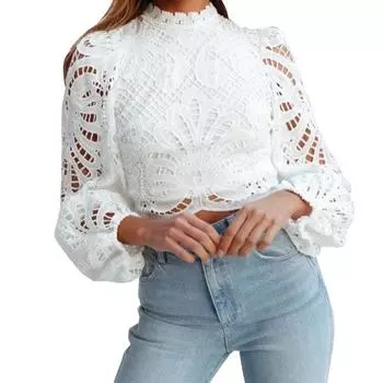 Женские топы с молнией, сексуальные ажурные, с длинным рукавом, модные кружевные блузки S