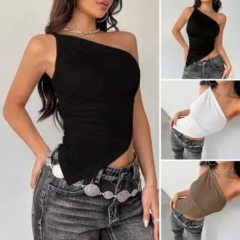 Женские топы с неровным подолом, эластичным косым воротником, на одно плечо, облегающие, однотонные, летние топы для вечеринок и клубов, повседневная одежда S верблюд