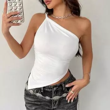 Женские топы с неровным подолом, эластичным косым воротником, на одно плечо, облегающие, однотонные, летние топы для вечеринок и клубов, повседневная одежда S светло-желтого