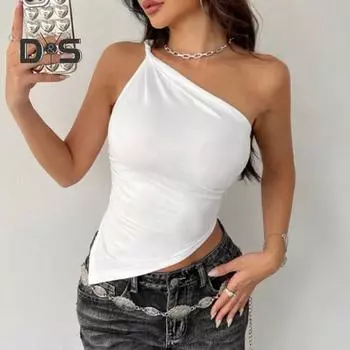 Женские топы с неровным подолом, эластичным косым воротником, на одно плечо, облегающие, однотонные, летние топы для вечеринок и клубов, повседневная одежда S верблюд