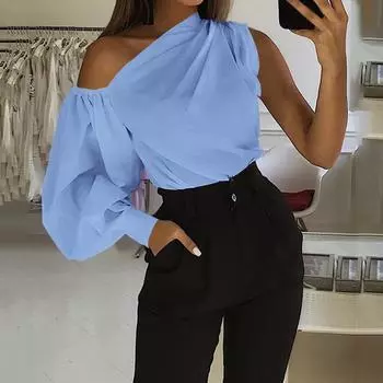 Женские топы с открытыми плечами, элегантные косые воротники, длинные рукава, футболки, повседневные свободные однотонные пуловеры 2XL