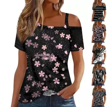 Женские топы с открытыми плечами, плиссированные футболки с асимметричным вырезом и короткими рукавами XXL чёрный