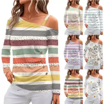 Женские топы с открытыми плечами, плиссированные футболки с асимметричным вырезом и длинными рукавами L чёрный