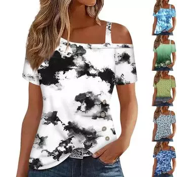 Женские топы с открытыми плечами, плиссированные футболки с асимметричным вырезом и короткими рукавами L синий