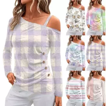 Женские топы с открытыми плечами, плиссированные футболки с асимметричным вырезом и длинными рукавами XL