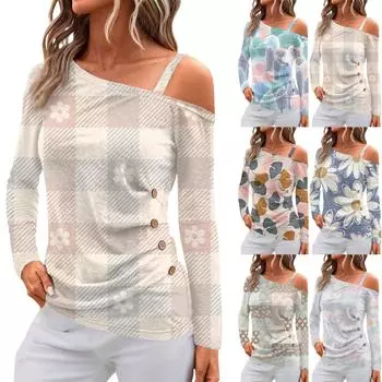 Женские топы с открытыми плечами, плиссированные футболки с асимметричным вырезом и длинными рукавами L