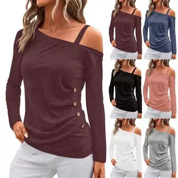 Женские топы с открытыми плечами, плиссированные футболки с асимметричным вырезом и длинными рукавами S