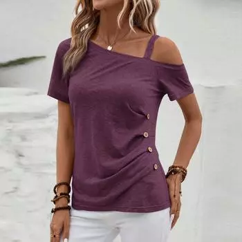 Женские топы с открытыми плечами, плиссированные футболки с асимметричным вырезом и короткими рукавами L тёмно-синий