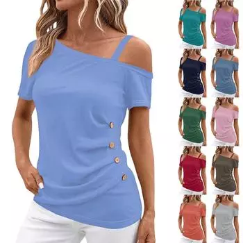 Женские топы с открытыми плечами, плиссированные однотонные футболки с асимметричным вырезом и короткими рукавами L коричневый