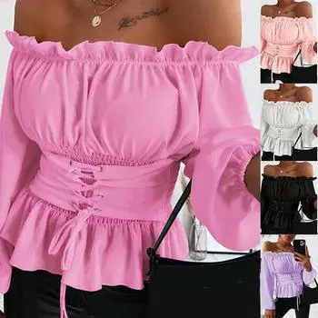 Женские топы с открытыми плечами, рубашки с длинными рукавами, модные рубашки с тонкой талией и рюшами, сплошной цвет, кружевная отделка, пышные рукава, офисные топы и блузки больших размеров S чёрный