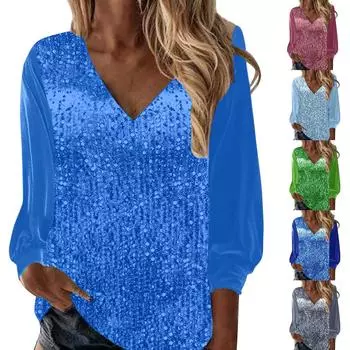 Женские топы с пайетками, блестящие блузки с v-образным вырезом, свободные блестящие нарядные рубашки с длинными рукавами для праздничной вечеринки L