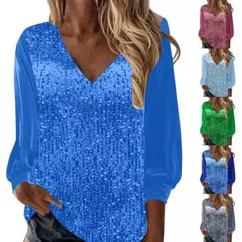 Женские топы с пайетками, блестящие блузки с v-образным вырезом, свободные блестящие нарядные рубашки с длинными рукавами для праздничной вечеринки M