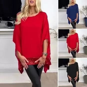 Женские топы с пайетками и нерегулярным дизайном, свободные шаль-пуловеры, топы с круглым вырезом, рукава «летучая мышь» M красный