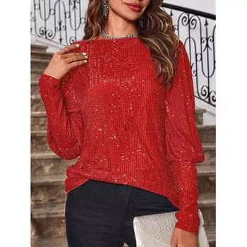 Женские топы с пайетками, круглый вырез, блестящие блузки, свободные, с длинным рукавом, для праздничной вечеринки, блестящие нарядные рубашки S красный