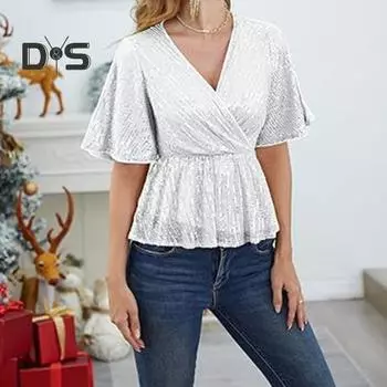 Женские топы с пайетками, V-образным вырезом, рукавами-оборками, блестящими блузками, обтягивающими талию, эластичным подолом, вечерние коктейльные блестящие топы L темно-зеленого