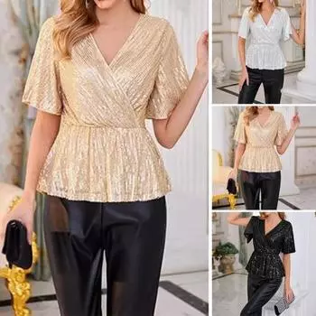 Женские топы с пайетками, V-образным вырезом, рукавами-оборками, блестящими блузками, узким эластичным подолом XL темно-зеленого