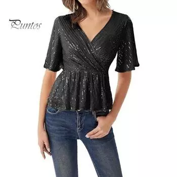 Женские топы с пайетками, V-образным вырезом, рукавами-оборками, блестящими блузками, обтягивающими талию, эластичным подолом, вечерние коктейльные блестящие топы XL жёлтый