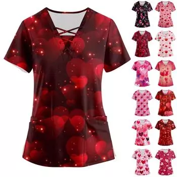 Женские топы с перекрестным v-образным вырезом и принтом ко Дню святого Валентина, забавные футболки с короткими рукавами, рабочая одежда, футболка с карманами XXL чёрный