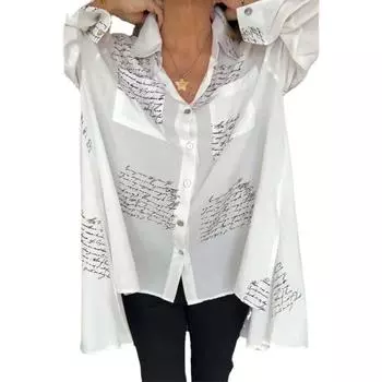 Женские топы с принтом букв, блузка оверсайз нестандартной длины, белая, желтая, летняя свободная длинная рубашка с карманами и лацканами S белый