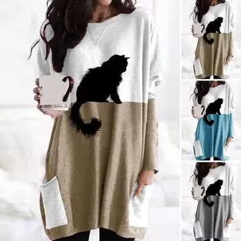 Женские топы с принтом черной кошки, мягкий эластичный стильный свитер с карманом и круглым вырезом, удобный топ с длинными рукавами XL серый