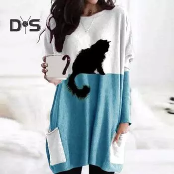 Женские топы с принтом черной кошки, мягкий эластичный стильный свитер с карманом и круглым вырезом, удобный топ с длинными рукавами 2XL серый