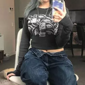 Женские топы с принтом готических глаз, весенняя футболка с графикой в стиле гранж, винтажная инди-эстетическая одежда, тонкие футболки с длинными рукавами Cyber Y2k S темно-серого