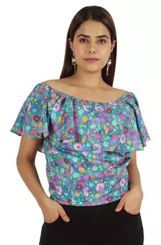 Женские топы с принтом Moomaya для женщин, расклешенный топ с короткими рукавами, блузка L аква голубой