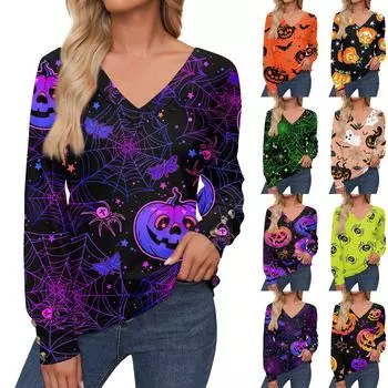 Женские топы с принтом на Хэллоуин, рубашка с длинным рукавом, V-образный вырез, повседневная свободная футболка, осенняя одежда XXXL винный