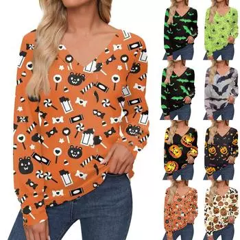 Женские топы с принтом на Хэллоуин, рубашка с длинным рукавом, V-образный вырез, повседневная свободная футболка, осенняя одежда XXL