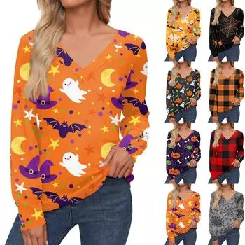 Женские топы с принтом на Хэллоуин, рубашка с длинным рукавом, V-образный вырез, повседневная свободная футболка, осенняя одежда L розовый