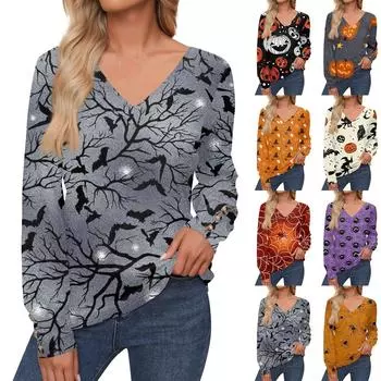 Женские топы с принтом на Хэллоуин, рубашка с длинным рукавом, V-образный вырез, повседневная свободная футболка, осенняя одежда XXXL розовый