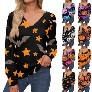 Женские топы с принтом на Хэллоуин, рубашка с длинным рукавом, V-образный вырез, повседневная свободная футболка, осенняя одежда XXL красный
