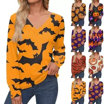 Женские топы с принтом на Хэллоуин, рубашка с длинным рукавом, V-образный вырез, повседневная свободная футболка, осенняя одежда XXXL киноварь