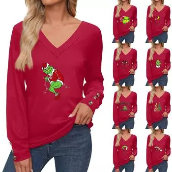 Женские топы с принтом, рубашка с длинным рукавом и V-образным вырезом, повседневная свободная футболка, осенняя одежда XXXL