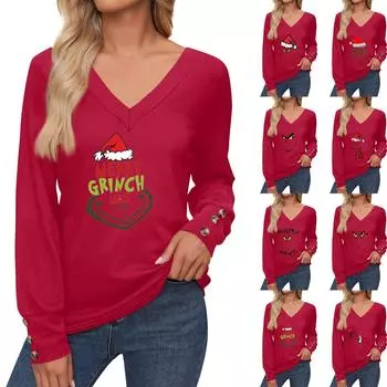 Женские топы с принтом, рубашка с длинным рукавом и V-образным вырезом, повседневная свободная футболка, осенняя одежда M розовый