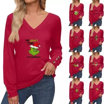 Женские топы с принтом, рубашка с длинным рукавом и V-образным вырезом, повседневная свободная футболка, осенняя одежда L