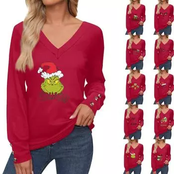 Женские топы с принтом, рубашка с длинным рукавом и V-образным вырезом, повседневная свободная футболка, осенняя одежда L синий