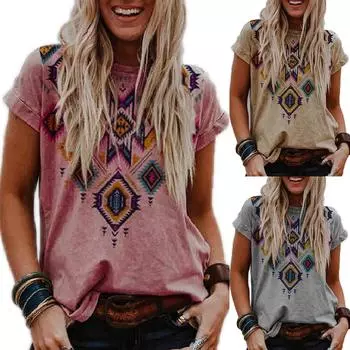Женские топы с принтом в народном стиле, туника, пуловер, блузка с короткими рукавами, футболка