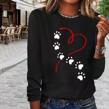 Женские топы с принтом в виде сердца и следов, футболка с круглым вырезом и длинными рукавами, осенний повседневный тонкий пуловер, женский топ с длинными рукавами XS чёрный