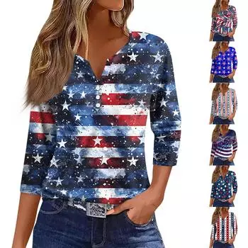 Женские топы с принтом в винтажном стиле, повседневные свободные рубашки с V-образным вырезом больших размеров M синий