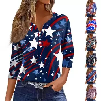 Женские топы с принтом в винтажном стиле, повседневные свободные рубашки с V-образным вырезом больших размеров L синий