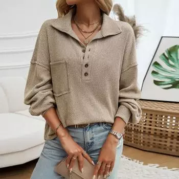 Женские топы с пуговицами на лацканах, с полузастежкой, с длинным рукавом, накладным карманом, пуловеры, топы, однотонные S абрикосовый