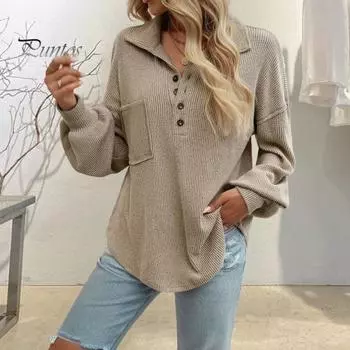 Женские топы с пуговицами на лацканах, с полузастежкой, длинным рукавом, накладным карманом, пуловеры, однотонные свободные трикотажные топы S абрикосовый