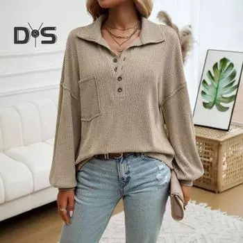 Женские топы с пуговицами на лацканах, с полузастежкой, длинным рукавом, накладным карманом, пуловеры, однотонные свободные трикотажные топы S абрикосовый