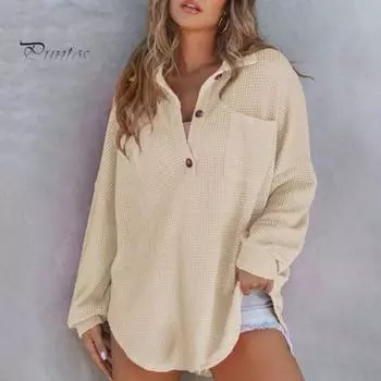 Женские топы с пуговицами на лацканах, с полузастежкой, с длинным рукавом, однотонные, с вафельной текстурой, эластичная блузка, повседневная одежда M армия зеленый