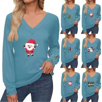 Женские топы с рождественским принтом, рубашка с длинным рукавом, V-образный вырез, повседневная свободная футболка, осенняя одежда XXL красный