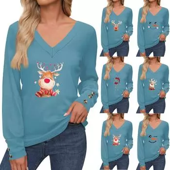 Женские топы с рождественским принтом, рубашка с длинным рукавом, V-образный вырез, повседневная свободная футболка, осенняя одежда M