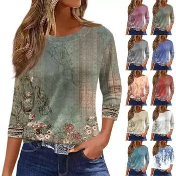 Женские топы с рукавами 3/4, цветочный принт, винтажная мода, повседневные свободные рубашки с круглым вырезом больших размеров L синий