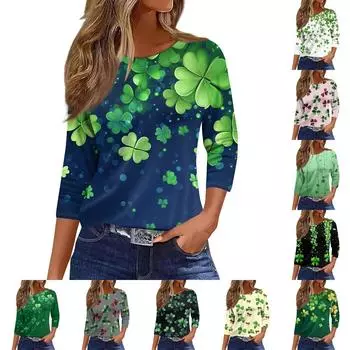 Женские топы с рукавами 3/4, цветочный принт, винтажная мода, повседневные свободные рубашки с круглым вырезом больших размеров L армия зеленый
